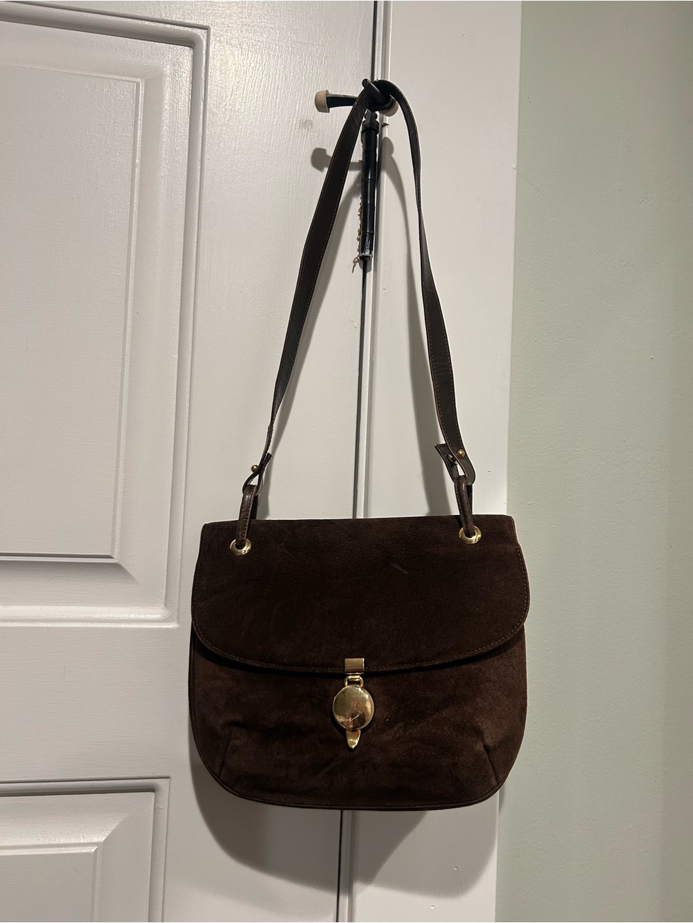 Vintage Bienen Davis Brown Suede Shoulder Bag with Gold Hardware